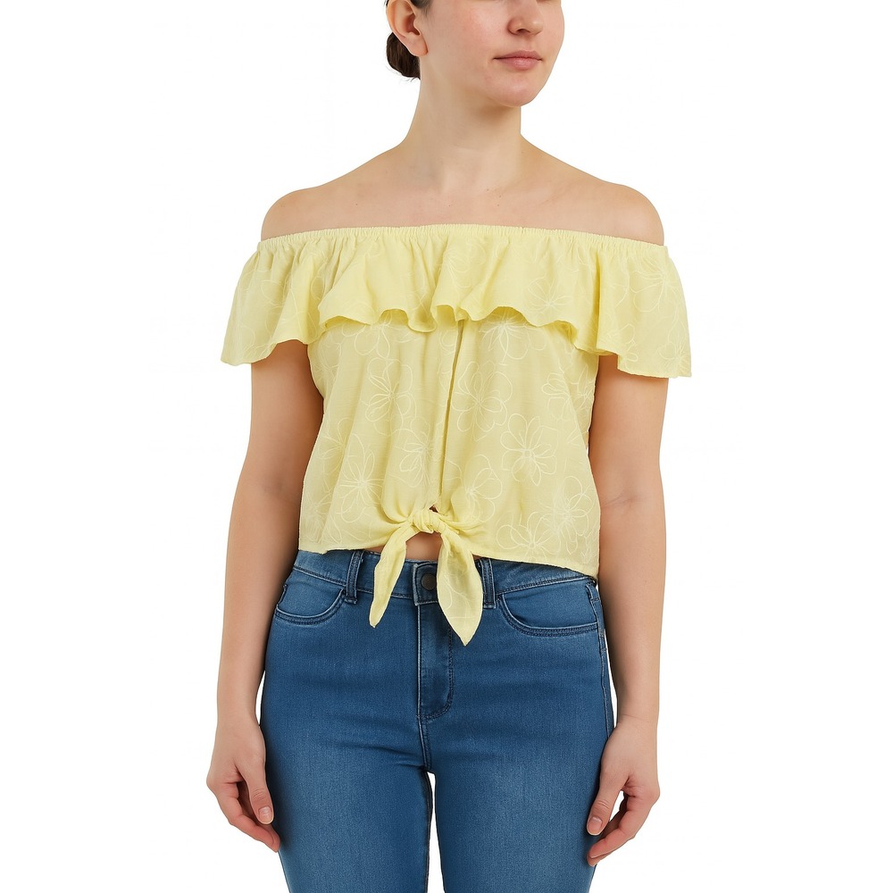 BCX Embroidered Off-the-Shoulder Floral Ruffle Tie-Front Top Yellow Women's L